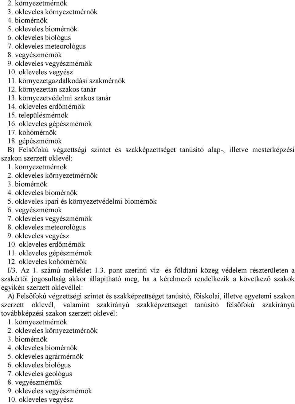 kohómérnök 18. gépészmérnök 1. környezetmérnök 2. okleveles környezetmérnök 3. biomérnök 4. okleveles biomérnök 5. okleveles ipari és környezetvédelmi biomérnök 6. vegyészmérnök 7.