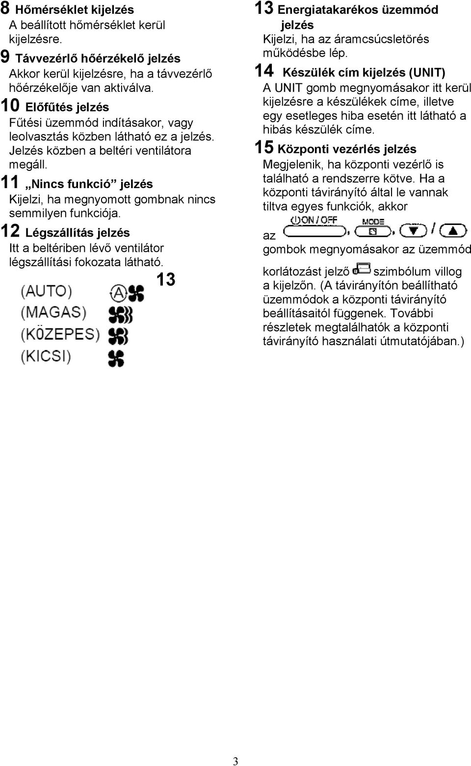 11 Nincs funkció jelzés Kijelzi, ha megnyomott gombnak nincs semmilyen funkciója. 12 Légszállítás jelzés Itt a beltériben lévő ventilátor légszállítási fokozata látható.