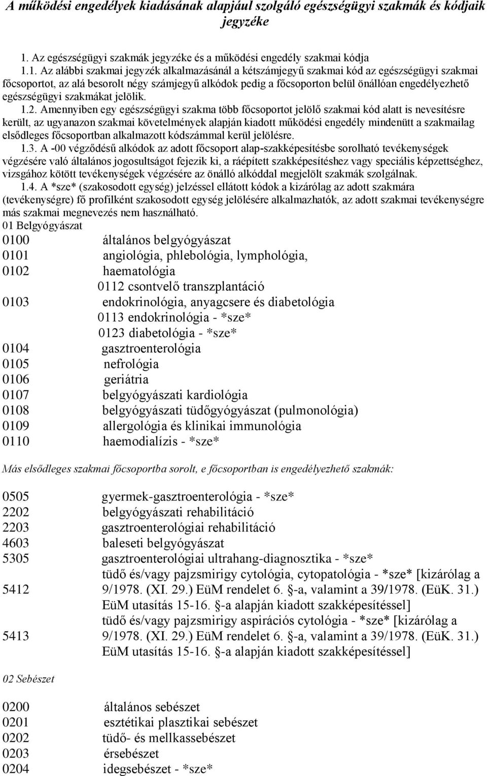 1. Az alábbi szakmai jegyzék alkalmazásánál a kétszámjegyű szakmai kód az egészségügyi szakmai főcsoportot, az alá besorolt négy számjegyű alkódok pedig a főcsoporton belül önállóan engedélyezhető