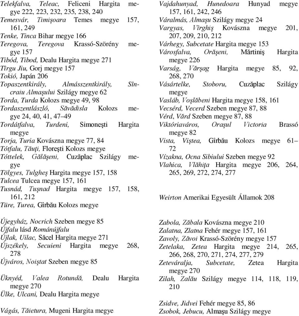 Hargita Torja, Turia Kovászna 77, 84 Tótfalu, Tăuţi, Floreşti Kolozs Tóttelek, Gălăşeni, Cuzăplac Szilágy Tölgyes, Tulgheş Hargita, 158 Tulcea Tulcea, Tusnád, Tuşnad Hargita, 158,, 212 Türe, Turea,