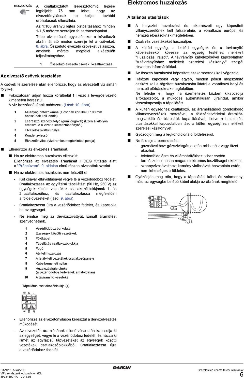 Összefutó elvezető csöveket válasszon, amelyek mérete megfelel a készülék teljesítményéhez.