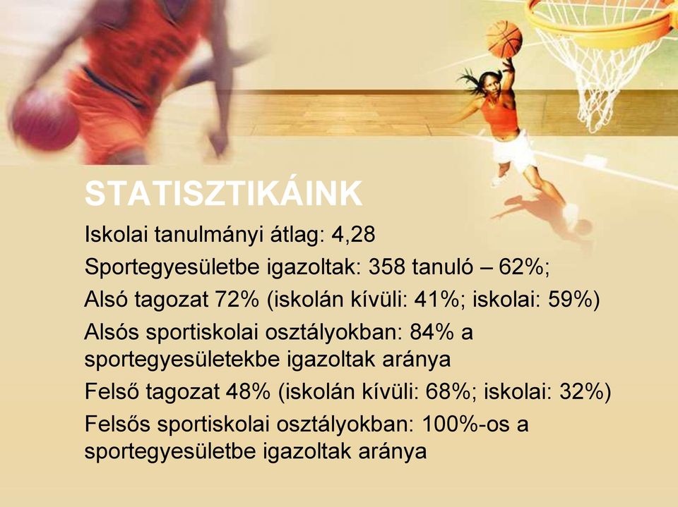 osztályokban: 84% a sportegyesületekbe igazoltak aránya Felső tagozat 48% (iskolán