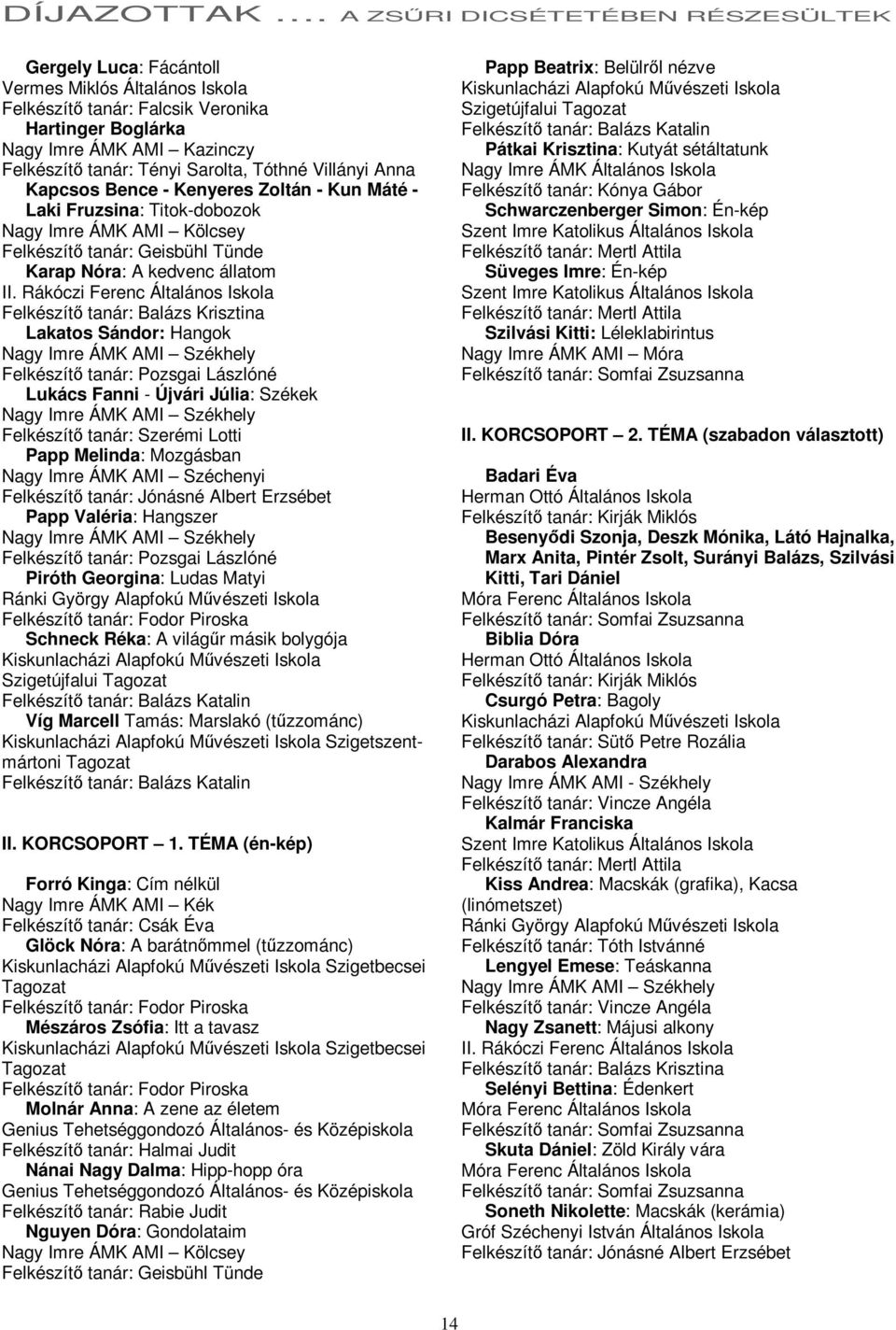 Sarolta, Tóthné Villányi Anna Kapcsos Bence - Kenyeres Zoltán - Kun Máté - Laki Fruzsina: Titok-dobozok Felkészítő tanár: Geisbühl Tünde Karap Nóra: A kedvenc állatom II.