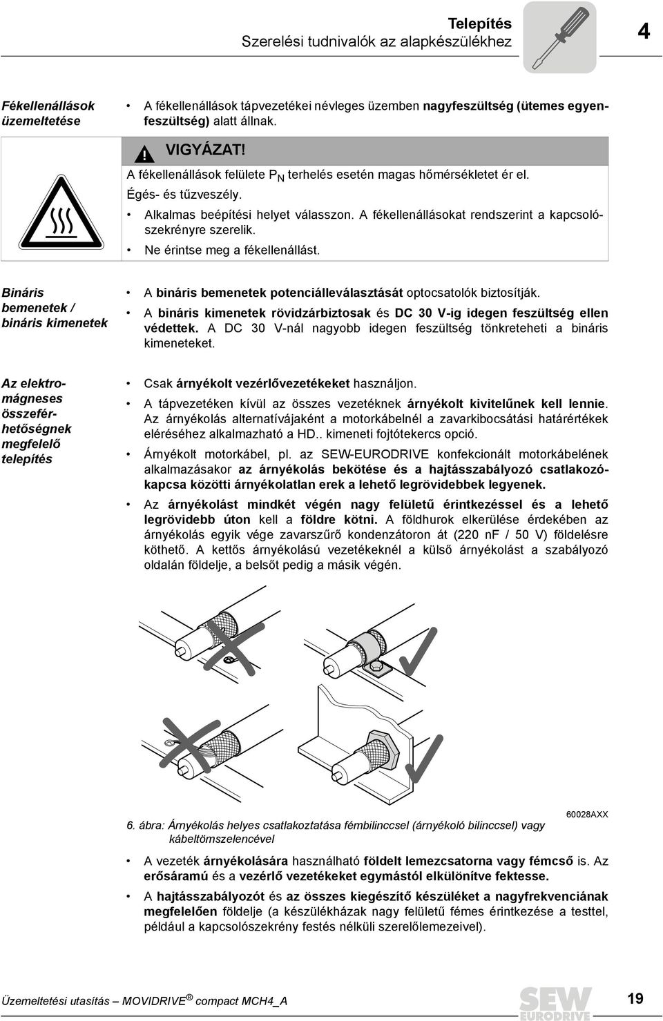 Ne érintse meg a fékellenállást. Bináris bemenetek / bináris kimenetek A bináris bemenetek potenciálleválasztását optocsatolók biztosítják.