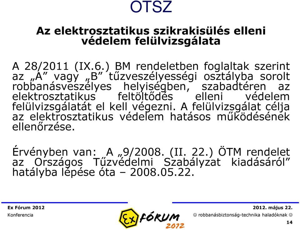 az elektrosztatikus feltöltődés elleni védelem felülvizsgálatát el kell végezni.