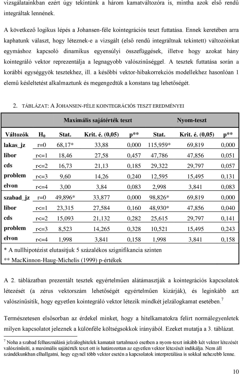 kointegráló vektor reprezentálja a legnagyobb valószínűséggel. A tesztek futtatása során a korábbi egységgyök tesztekhez, ill.