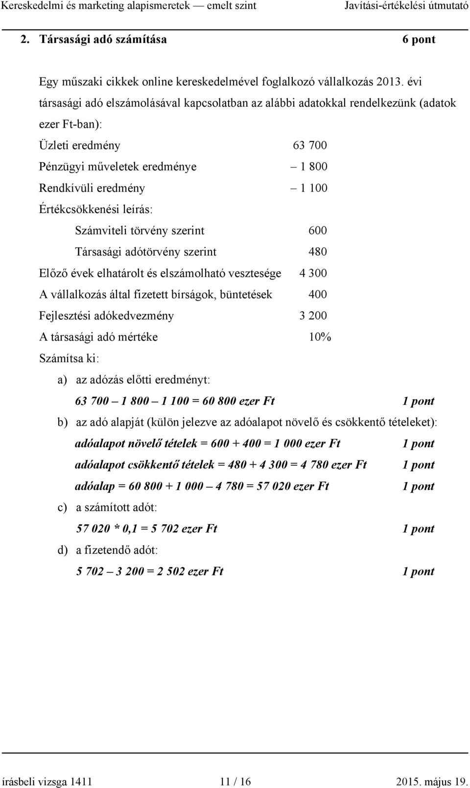 Értékcsökkenési leírás: Számviteli törvény szerint 600 Társasági adótörvény szerint 480 Előző évek elhatárolt és elszámolható vesztesége 4 300 A vállalkozás által fizetett bírságok, büntetések 400