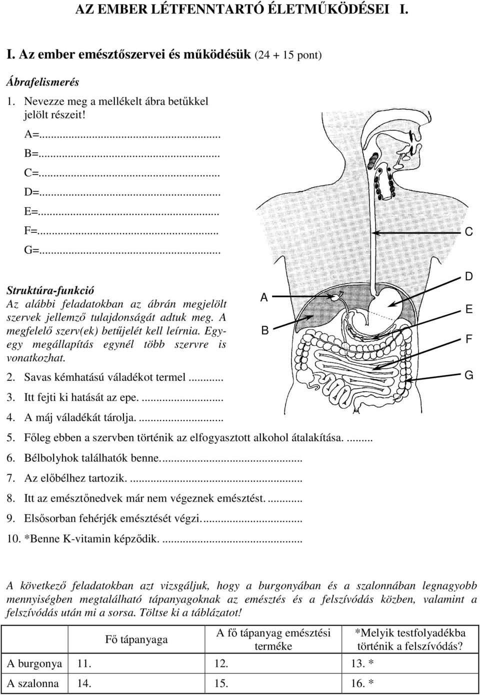 Egyegy megállapítás egynél több szervre is vonatkozhat. 2. Savas kémhatású váladékot termel... 3. Itt fejti ki hatását az epe.... 4. A máj váladékát tárolja.... A B C D E F G 5.