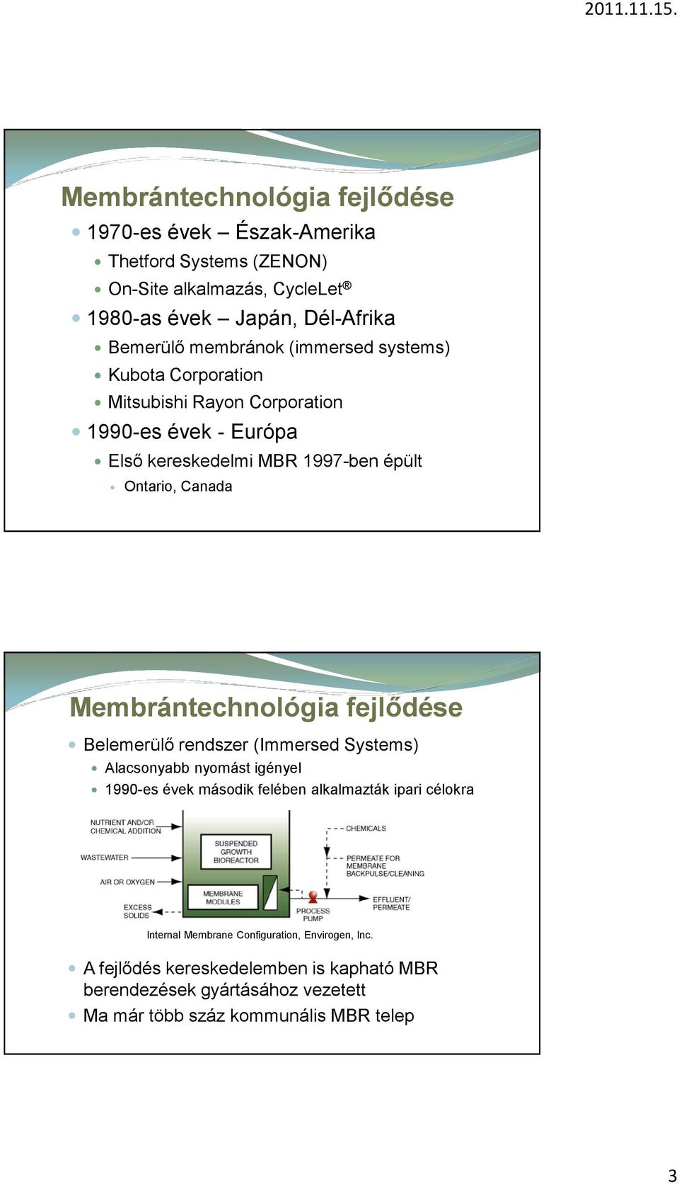Membrántechnológia fejlődése Belemerülő rendszer (Immersed Systems) Alacsonyabb nyomást igényel 1990-es évek második felében alkalmazták ipari célokra