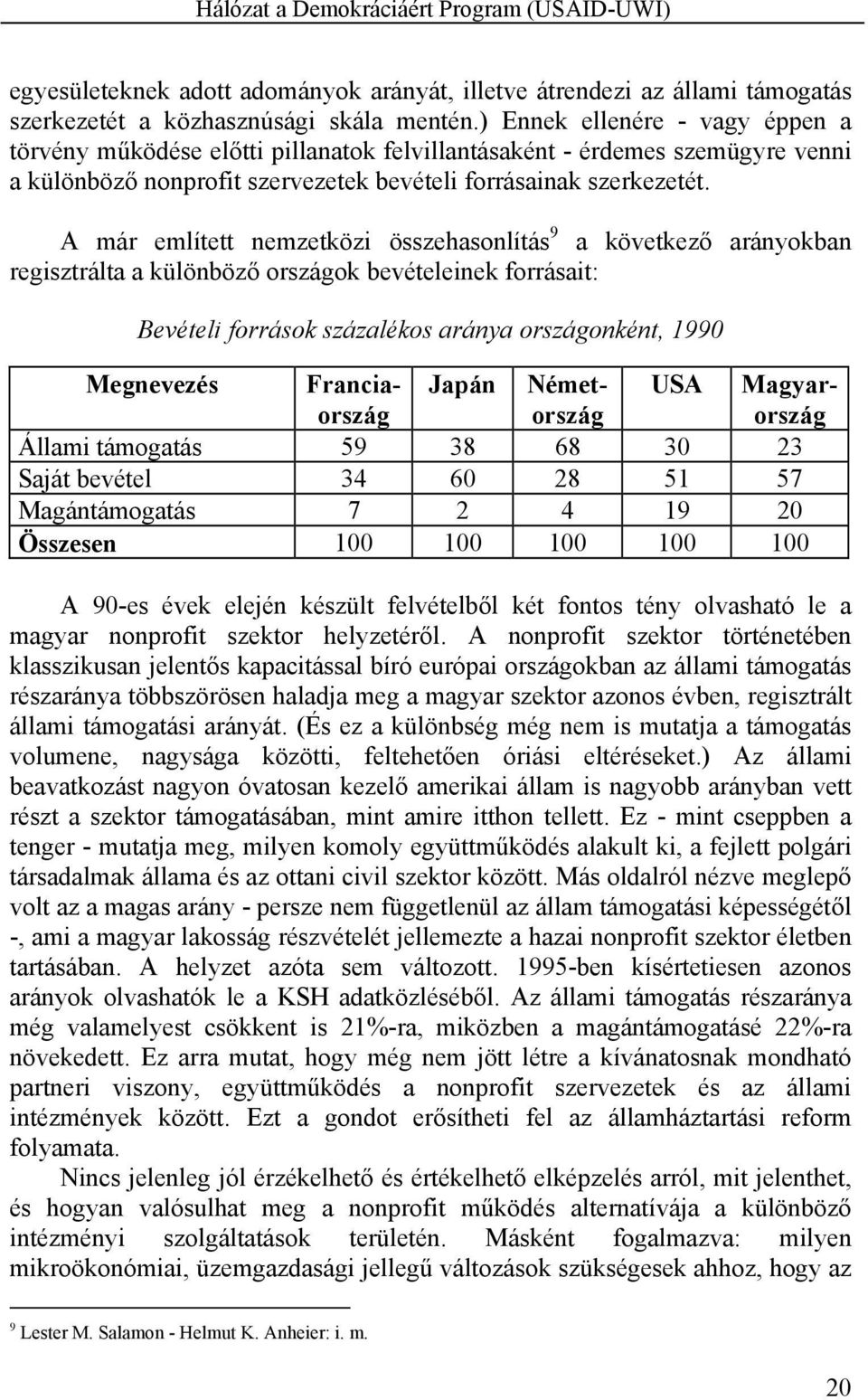 A már említett nemzetközi összehasonlítás 9 a következő arányokban regisztrálta a különböző országok bevételeinek forrásait: Bevételi források százalékos aránya országonként, 1990 Megnevezés