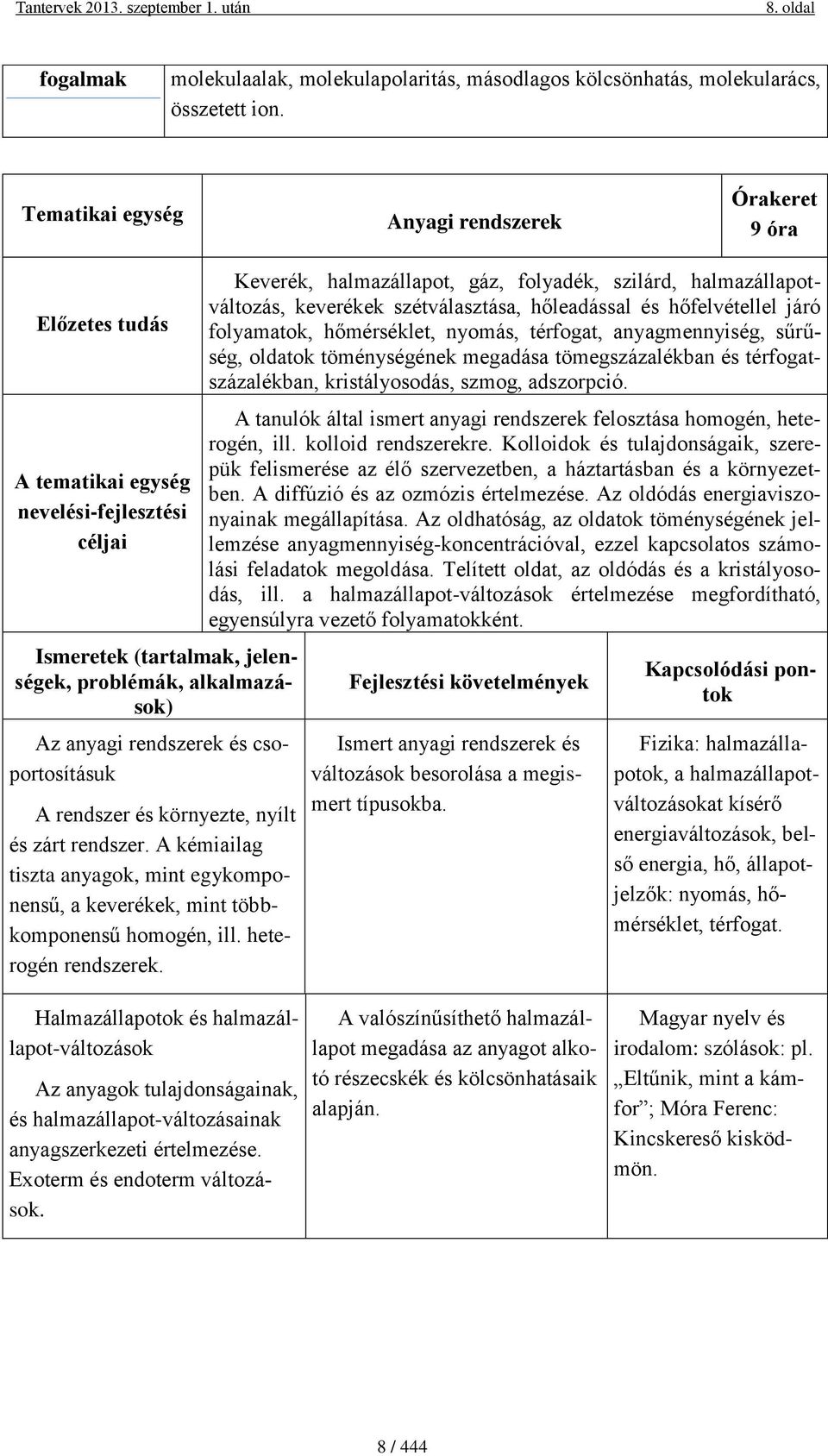 nyílt és zárt rendszer. A kémiailag tiszta anyagok, mint egykomponensű, a keverékek, mint többkomponensű homogén, ill. heterogén rendszerek.