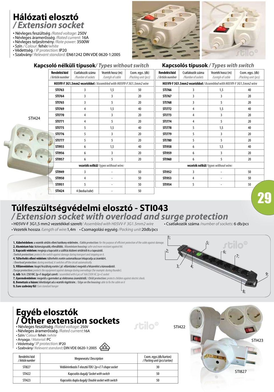 (db) /Packing unit (pcs) H05VV-F 3G1.5mm2 vezetékkel / Assembled with H05VV-F 3G1.