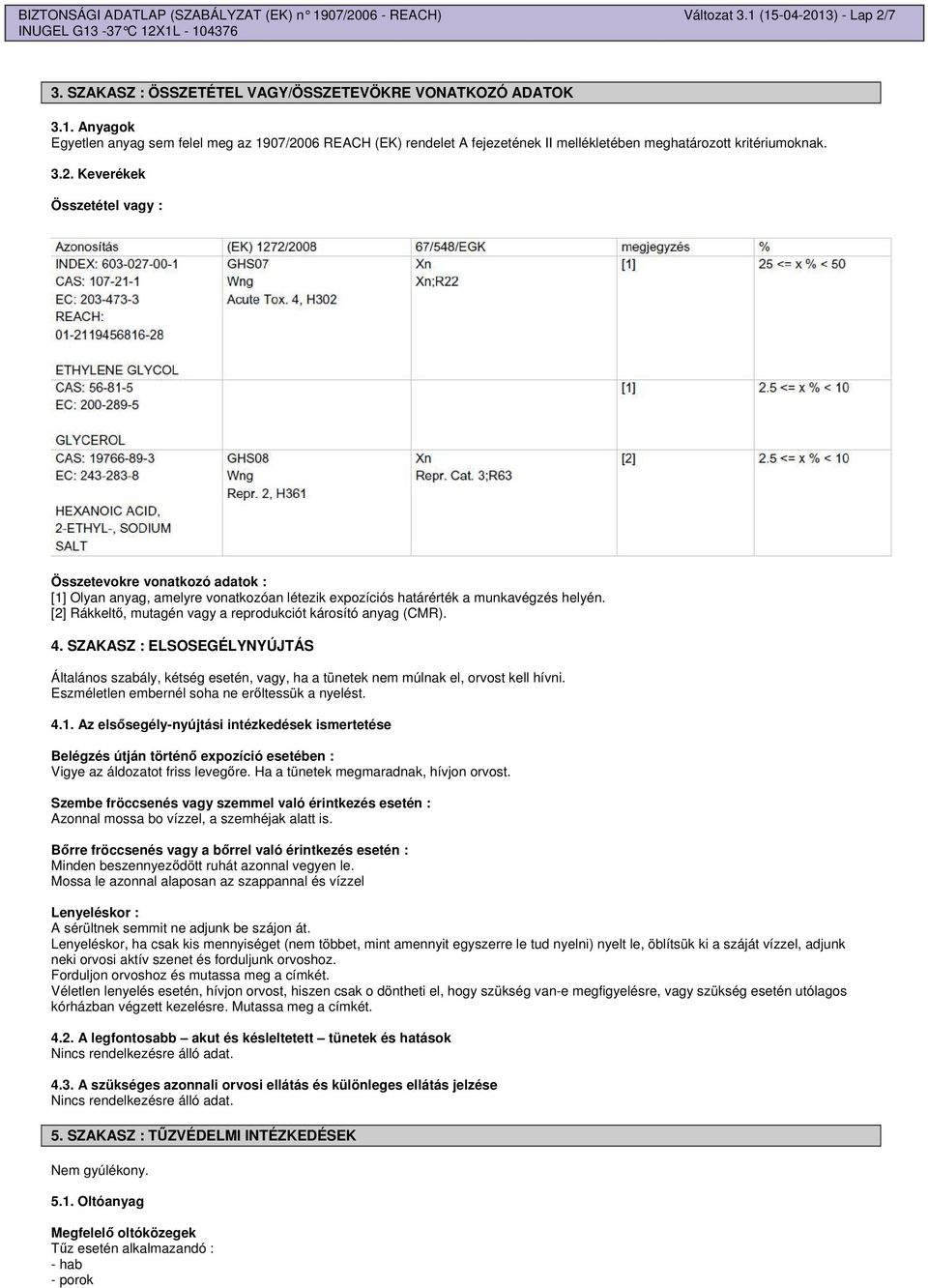 [2] Rákkelt, mutagén vagy a reprodukciót károsító anyag (CMR). 4. SZAKASZ : ELSOSEGÉLYNYÚJTÁS Általános szabály, kétség esetén, vagy, ha a tünetek nem múlnak el, orvost kell hívni.