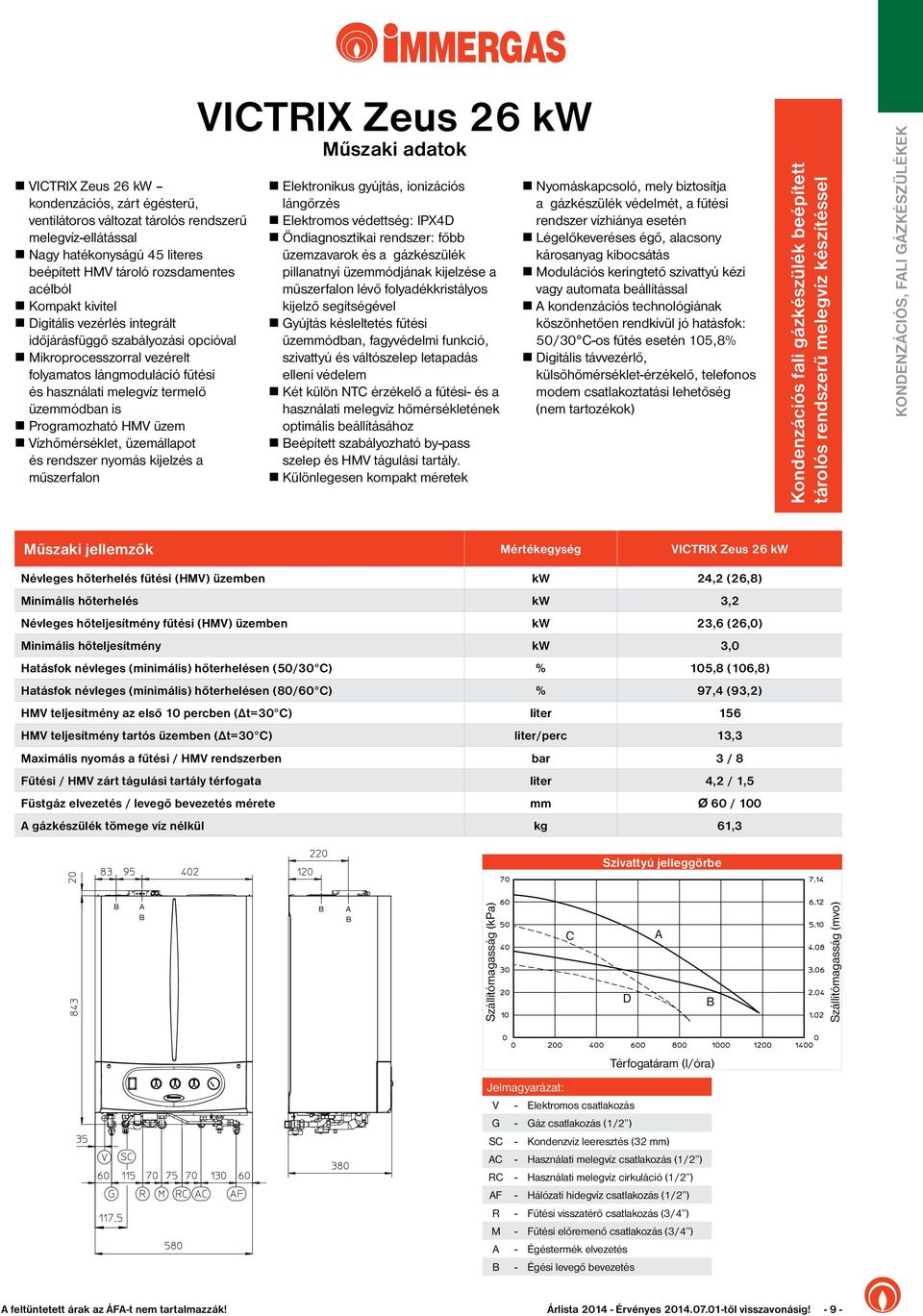 HMV üzem n Vízhőmérséklet, üzemállapot és rendszer nyomás kijelzés a műszerfalon VICTRIX Zeus 26 kw Műszaki adatok n Elektronikus gyújtás, ionizációs lángőrzés n Elektromos védettség: IPX4D n