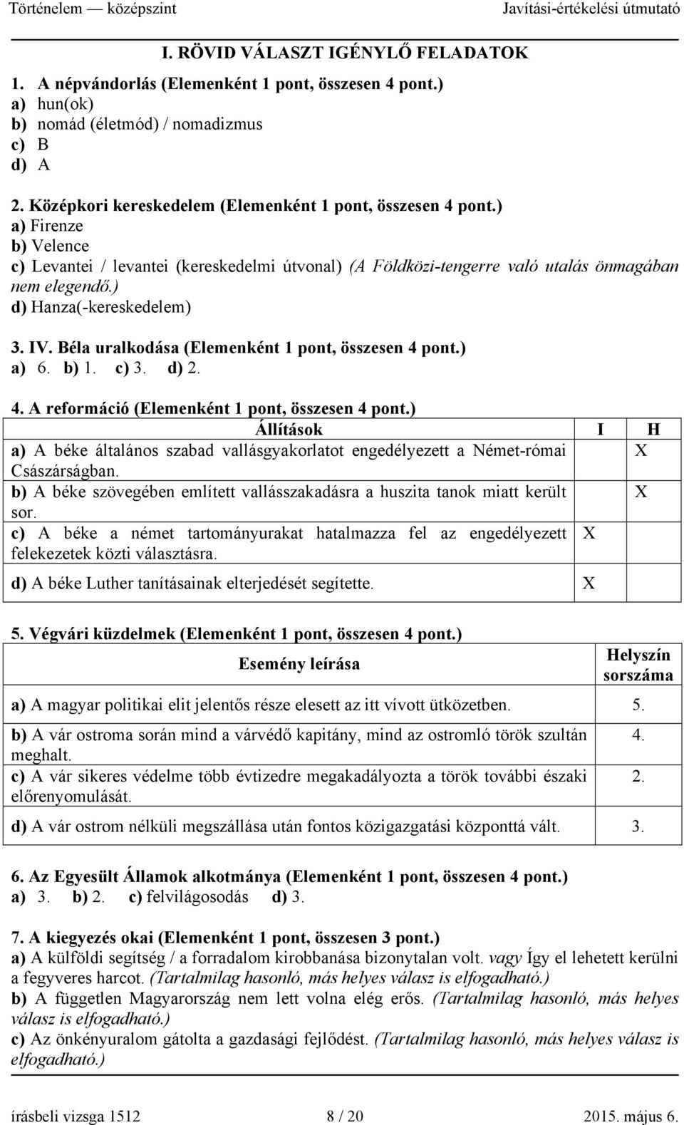 ) d) Hanza(-kereskedelem) 3. IV. Béla uralkodása (Elemenként 1 pont, összesen 4 pont.) a) 6. b) 1. c) 3. d) 2. 4. A reformáció (Elemenként 1 pont, összesen 4 pont.