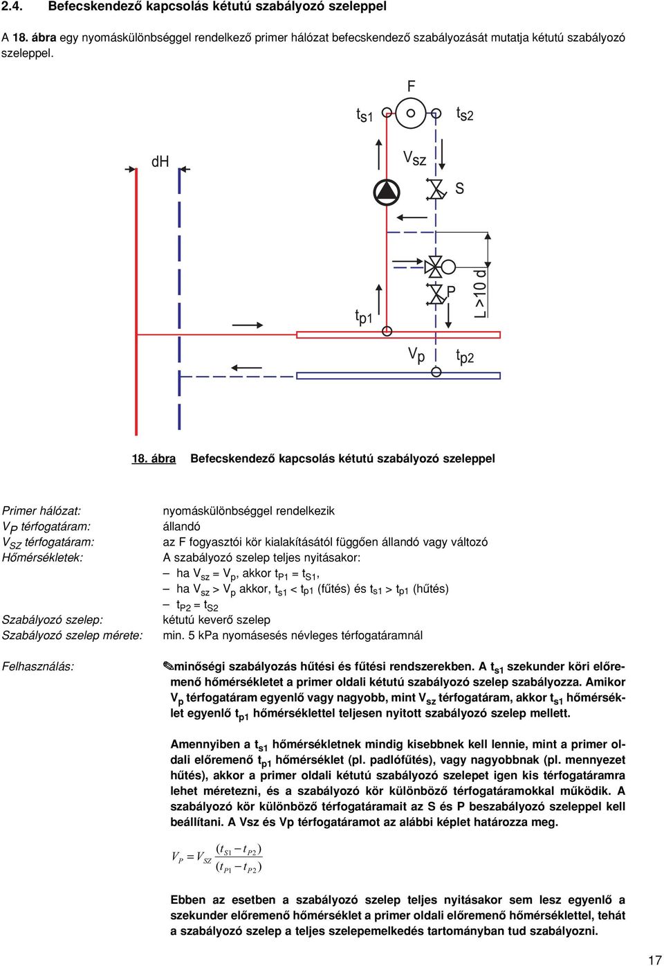 ábra Befecskendezô kapcsolás kétutú szabályozó szeleppel Primer hálózat: V P térfogatáram: V SZ térfogatáram: Hômérsékletek: Szabályozó szelep: Szabályozó szelep mérete: Felhasználás: