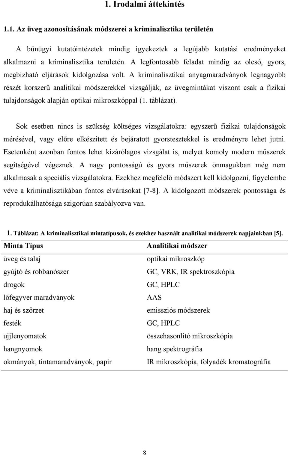 A kriminalisztikai anyagmaradványok legnagyobb részét korszerű analitikai módszerekkel vizsgálják, az üvegmintákat viszont csak a fizikai tulajdonságok alapján optikai mikroszkóppal (1. táblázat).