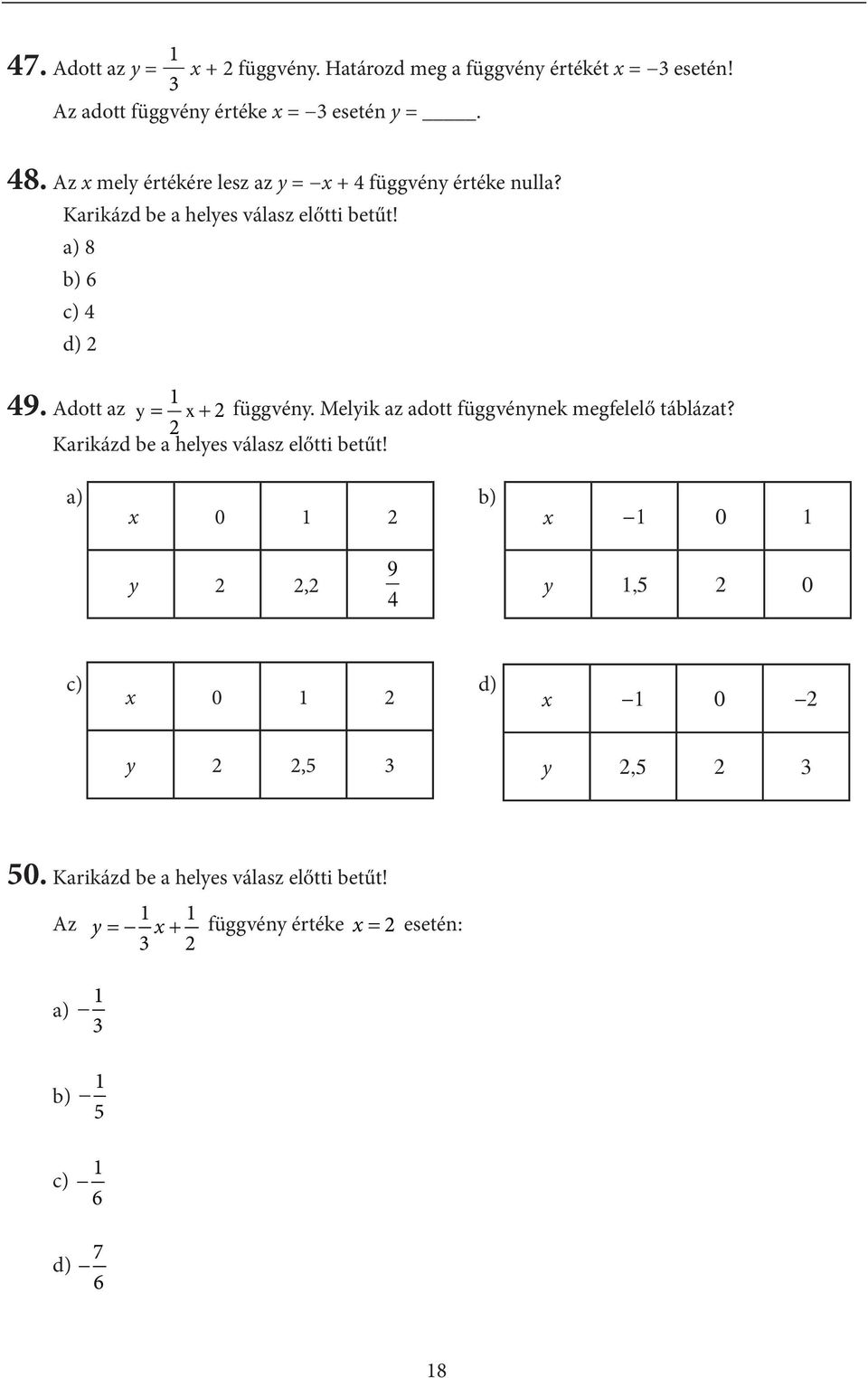 Adott az = x + y függvény. Melyik az adott függvénynek megfelelő táblázat? Karikázd be a helyes válasz előtti betűt!