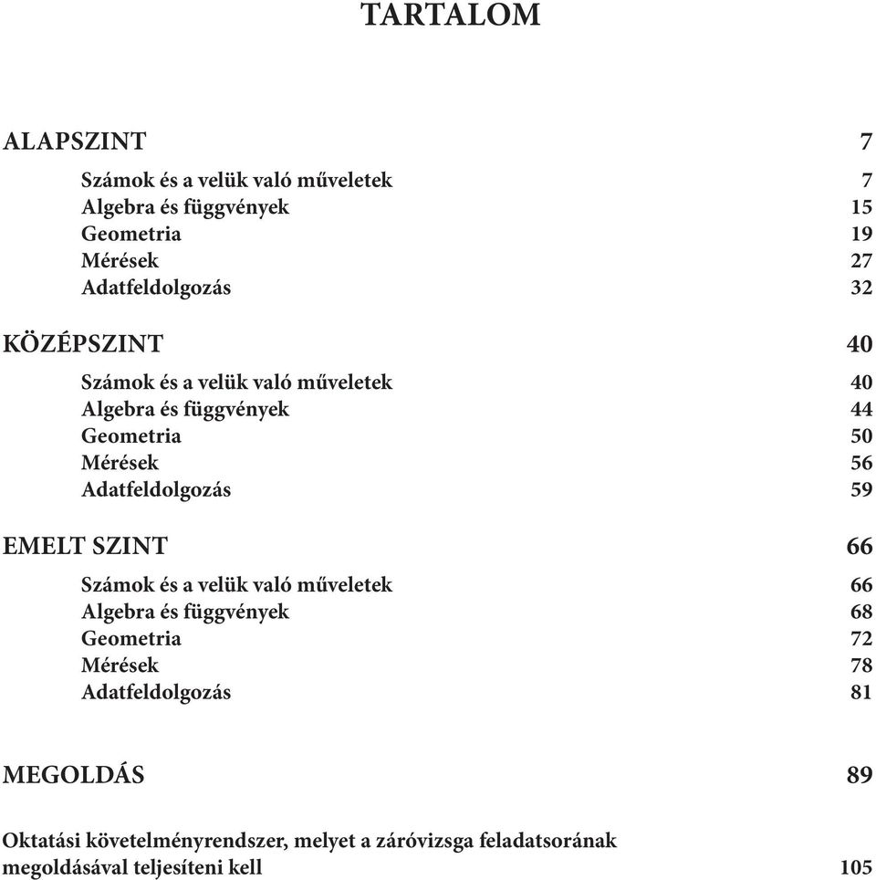 56 Adatfeldolgozás 59 EMELT SZINT 66 Számok és a velük való műveletek 66 Algebra és függvények 68 Geometria 7