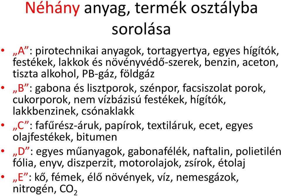 hígítók, lakkbenzinek, csónaklakk C : fafűrész-áruk, papírok, textiláruk, ecet, egyes olajfestékek, bitumen D : egyes műanyagok,