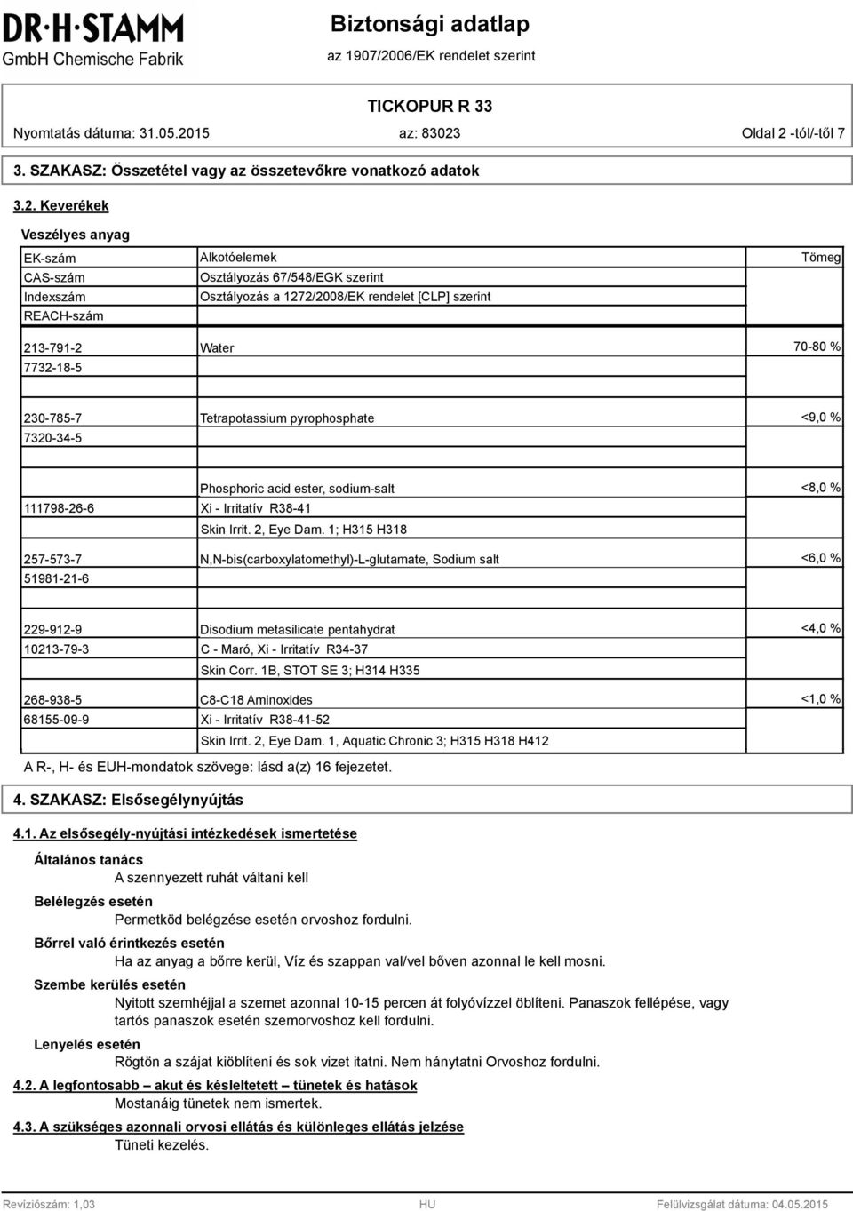 Keverékek Veszélyes anyag EK-szám Indexszám REACH-szám Osztályozás 67/548/EGK szerint Osztályozás a 1272/2008/EK rendelet [CLP] szerint Tömeg 213-791-2 Water 70-80 % 7732-18-5 230-785-7