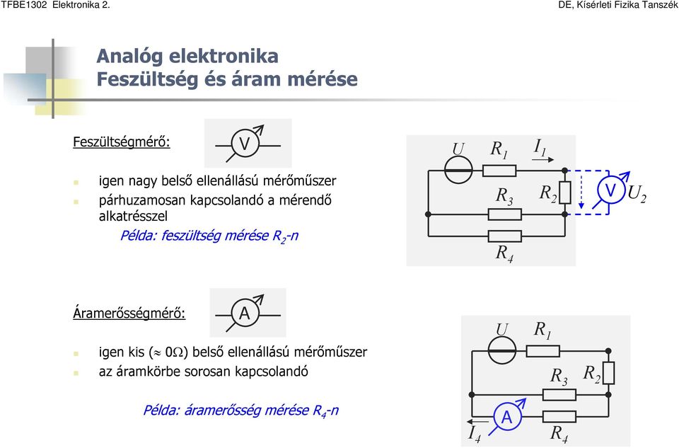 Példa: feszültség mérése R 2 -n R 4 Áramerősségmérő: igen kis ( 0Ω) belső ellenállású