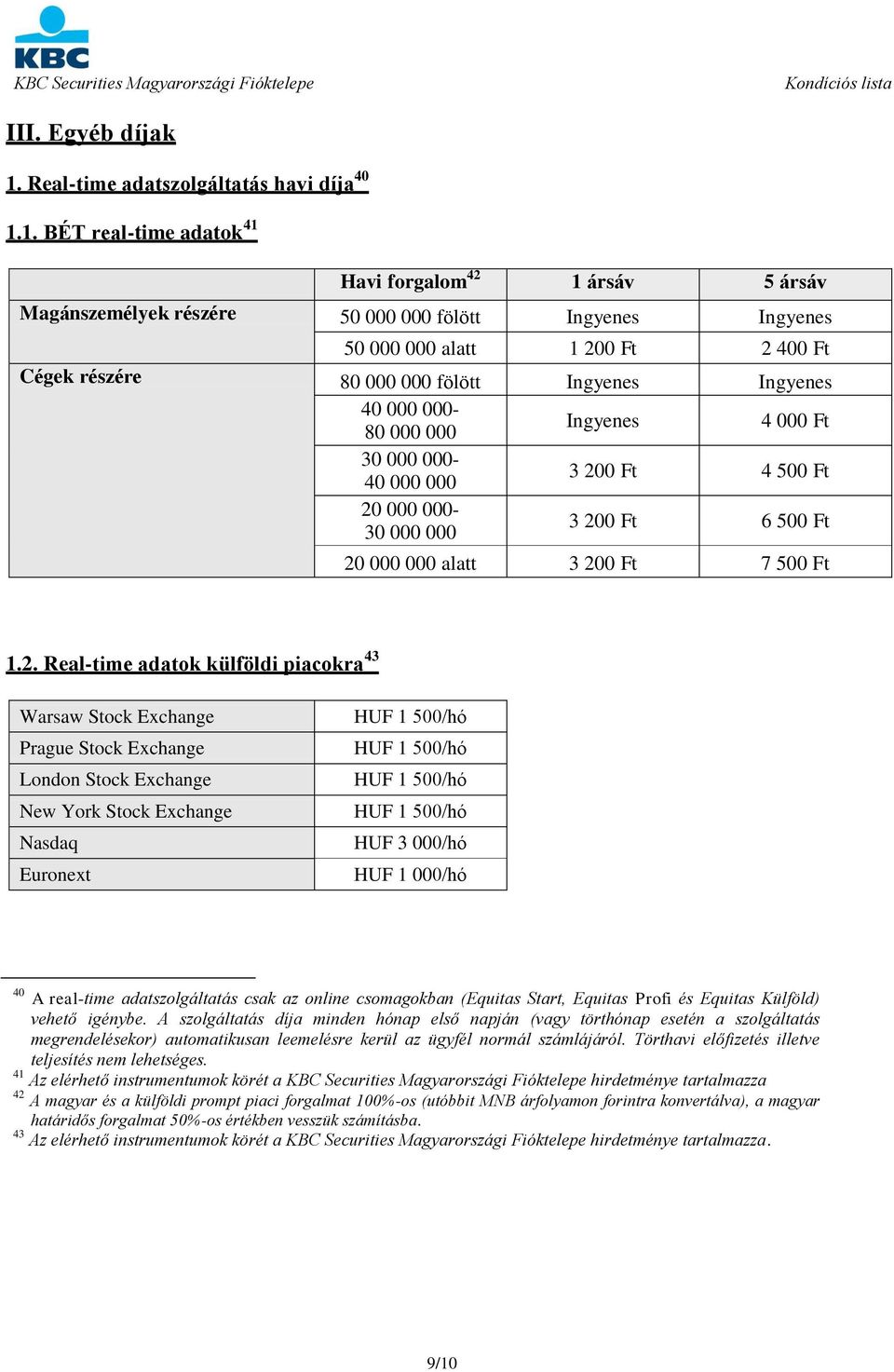 1. BÉT real-time adatok 41 Havi forgalom 42 1 ársáv 5 ársáv Magánszemélyek részére 50 000 000 fölött Ingyenes Ingyenes 50 000 000 alatt 1 200 Ft 2 400 Ft Cégek részére 80 000 000 fölött Ingyenes