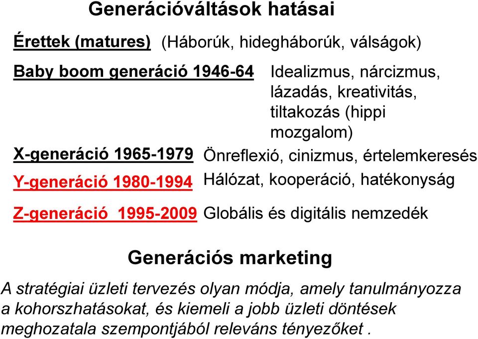 Hálózat, kooperáció, hatékonyság Z-generáció 1995-2009 Globális és digitális nemzedék Generációs marketing A stratégiai üzleti