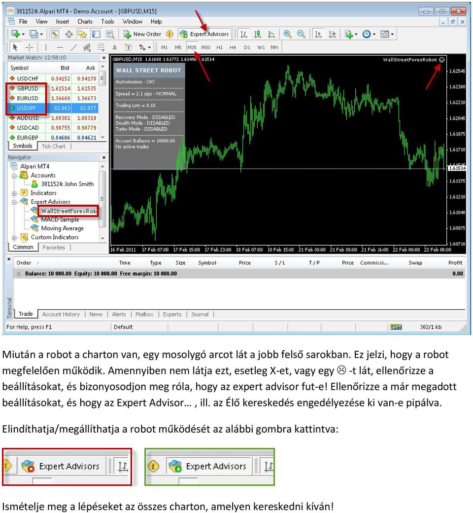 advisor fut-e! Ellenőrizze a már megadott beállításokat, és hogy az Expert Advisor, ill.