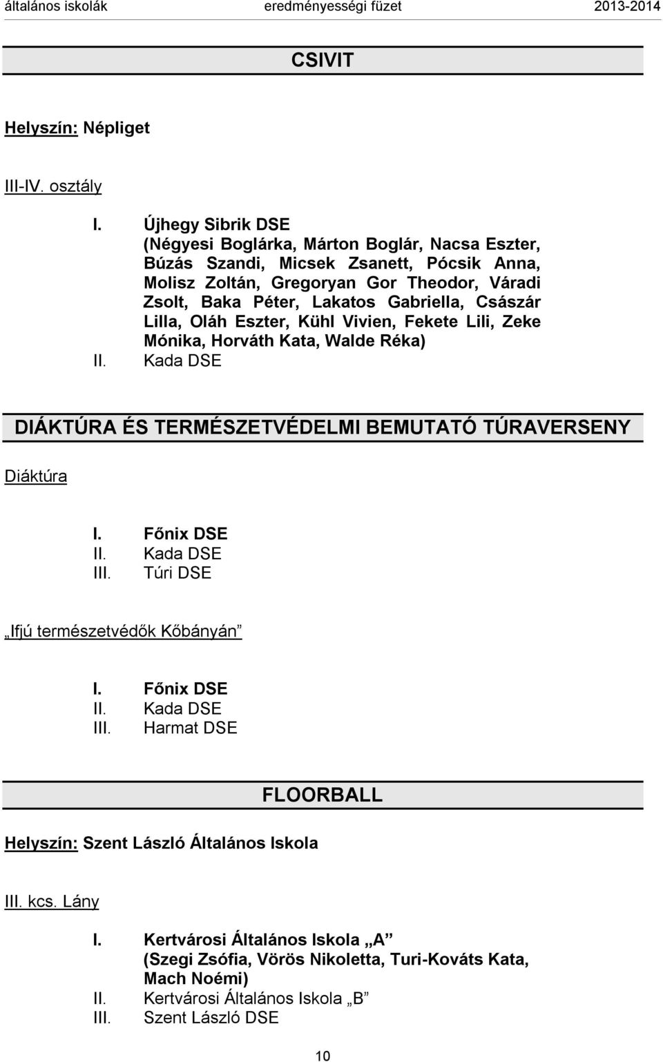Gabriella, Császár Lilla, Oláh Eszter, Kühl Vivien, Fekete Lili, Zeke Mónika, Horváth Kata, Walde Réka) II. Kada DSE DIÁKTÚRA ÉS TERMÉSZETVÉDELMI BEMUTATÓ TÚRAVERSENY Diáktúra I.