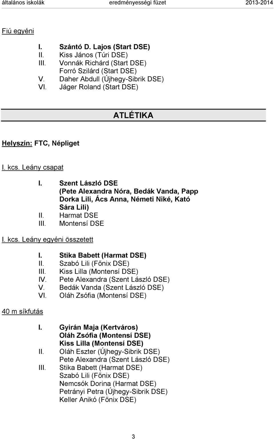 Harmat DSE III. Montensí DSE I. kcs. Leány egyéni összetett 40 m síkfutás I. Stika Babett (Harmat DSE) II. Szabó Lili (Főnix DSE) III. Kiss Lilla (Montensí DSE) IV.