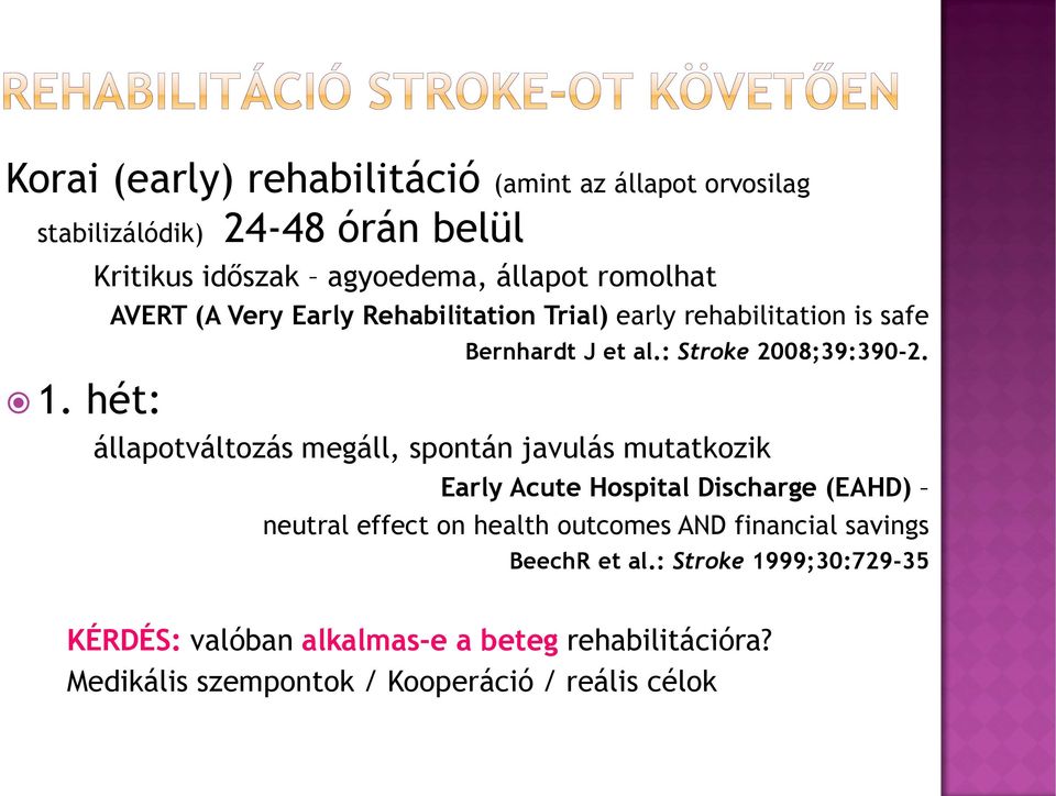 hét: állapotváltozás megáll, spontán javulás mutatkozik Early Acute Hospital Discharge (EAHD) neutral effect on health outcomes AND