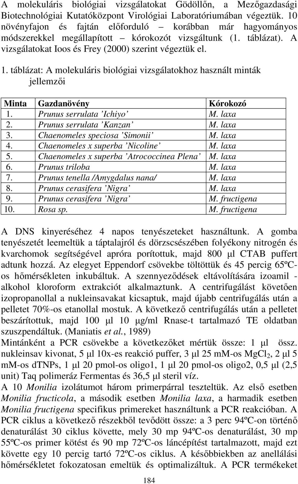 táblázat: A molekuláris biológiai vizsgálatokhoz használt minták jellemzıi Minta Gazdanövény Kórokozó 1. Prunus serrulata Ichiyo M. laxa 2. Prunus serrulata Kanzan M. laxa 3.
