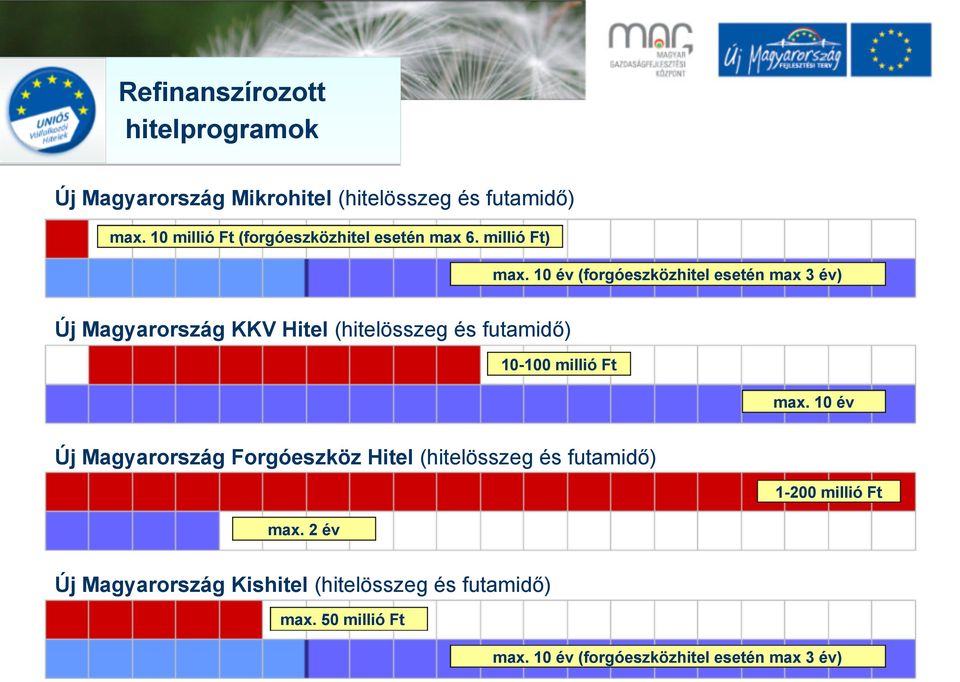 10 év (forgóeszközhitel esetén max 3 év) Új Magyarország KKV Hitel (hitelösszeg és futamidő) 10-100 millió Ft max.