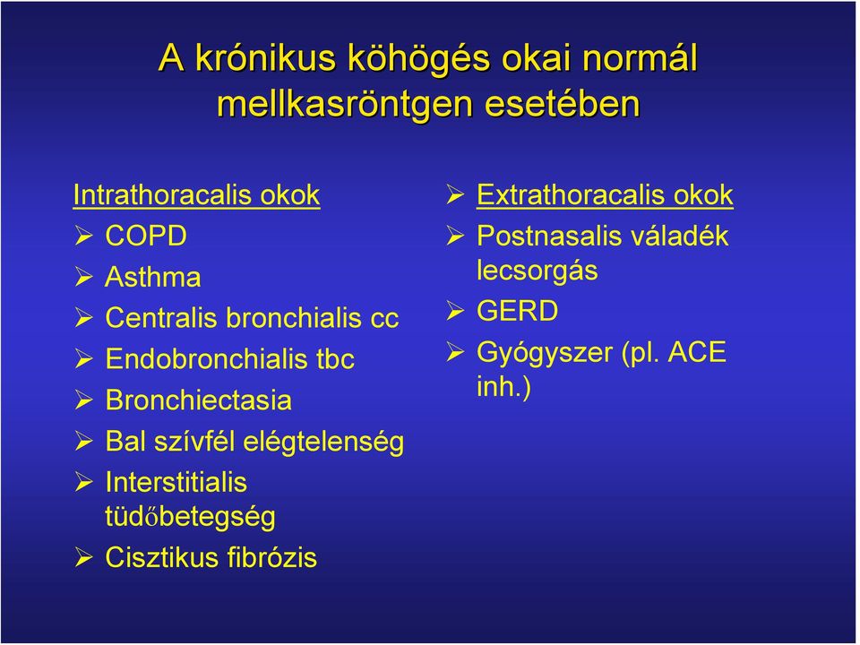 Bronchiectasia Bal szívfél elégtelenség Interstitialis tüdőbetegség