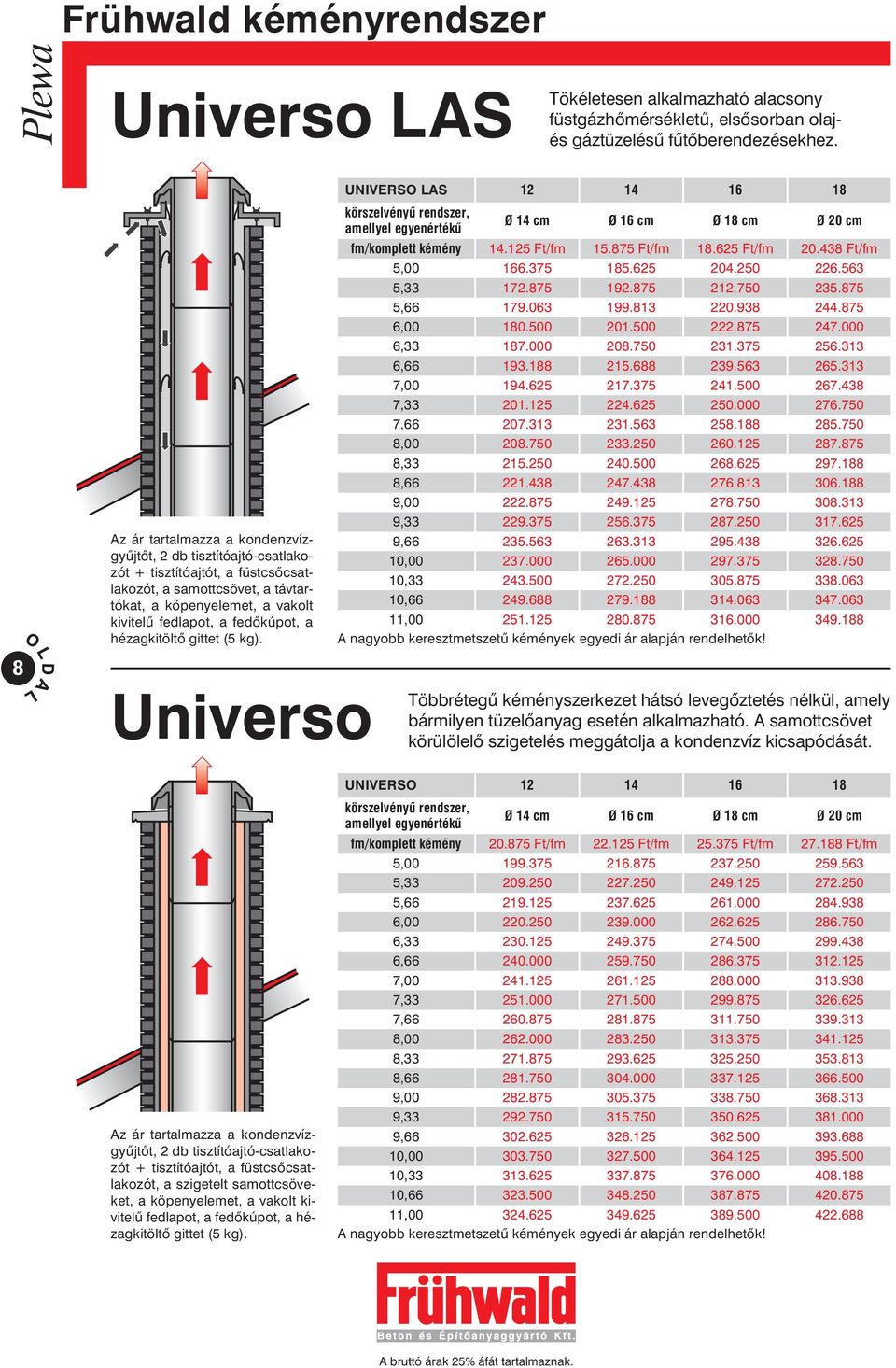hézagkitöltõ gittet (5 kg). Universo UNIVERSO LAS 12 14 16 18 körszelvényû rendszer, amellyel egyenértékû Ø 14 cm Ø 16 cm Ø 18 cm Ø 20 cm fm/komplett kémény 14.125 Ft/fm 15.875 Ft/fm 18.625 Ft/fm 20.