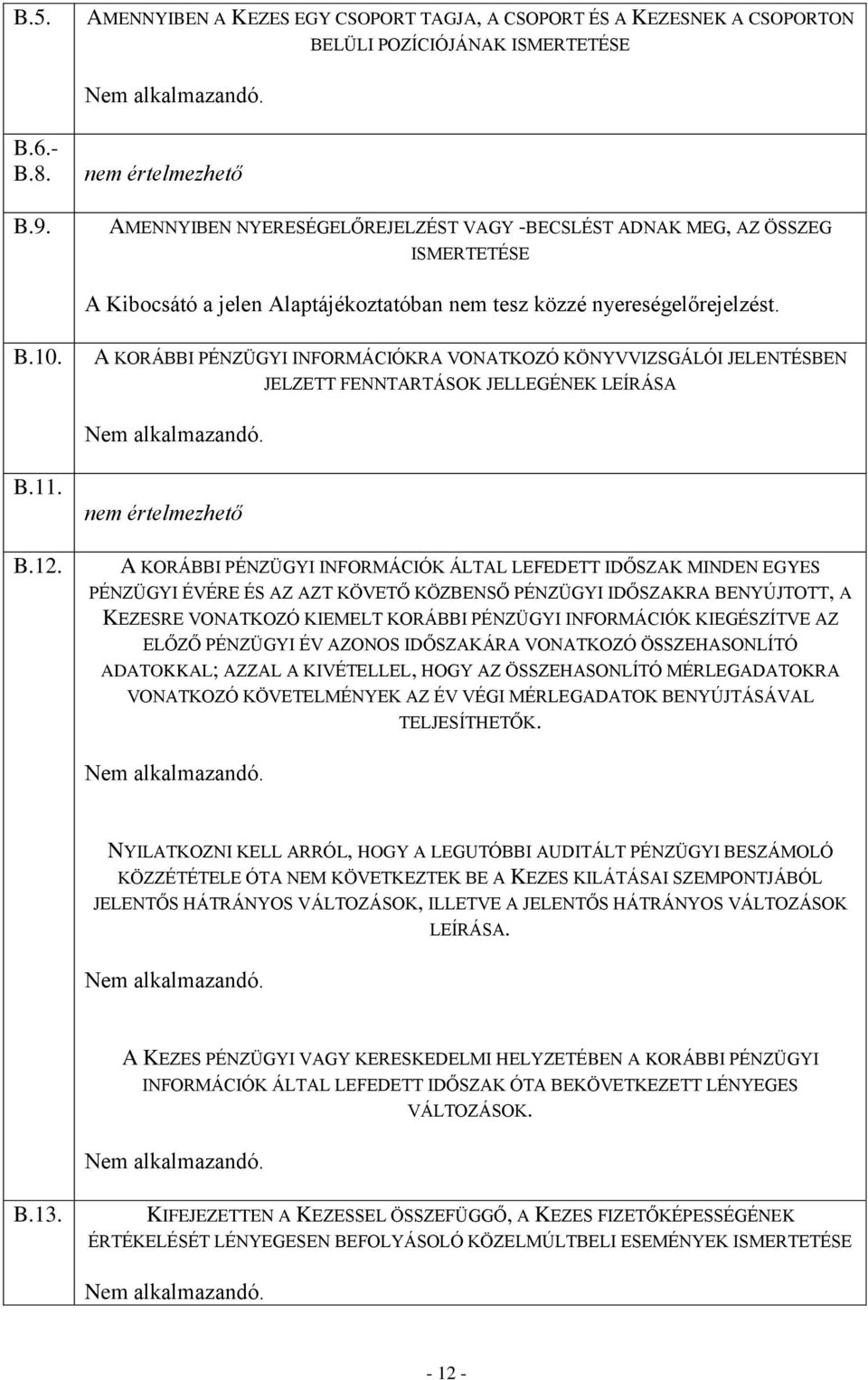 A KORÁBBI PÉNZÜGYI INFORMÁCIÓKRA VONATKOZÓ KÖNYVVIZSGÁLÓI JELENTÉSBEN JELZETT FENNTARTÁSOK JELLEGÉNEK LEÍRÁSA Nem alkalmazandó. B.11. B.12.