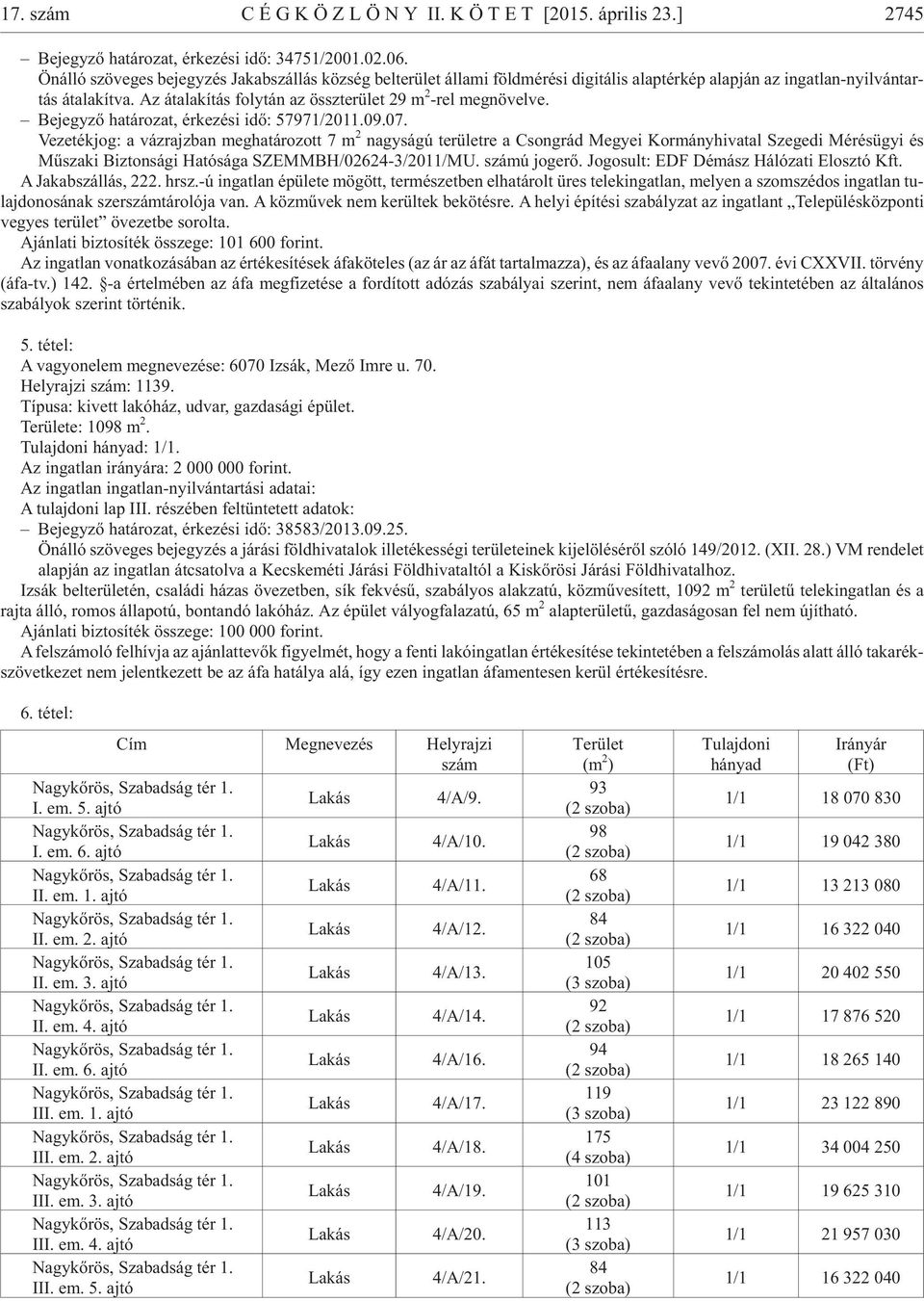 Az átalakítás folytán az összterület 29 m 2 -rel meg nö vel ve. Be jegy zõ ha tá ro zat, ér ke zé si idõ: 57971/2011.09.07.