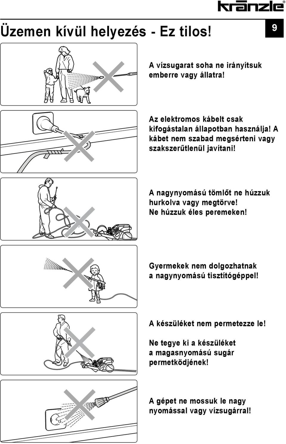 A nagynyomású tömlőt ne húzzuk hurkolva vagy megtörve! Ne húzzuk éles peremeken!