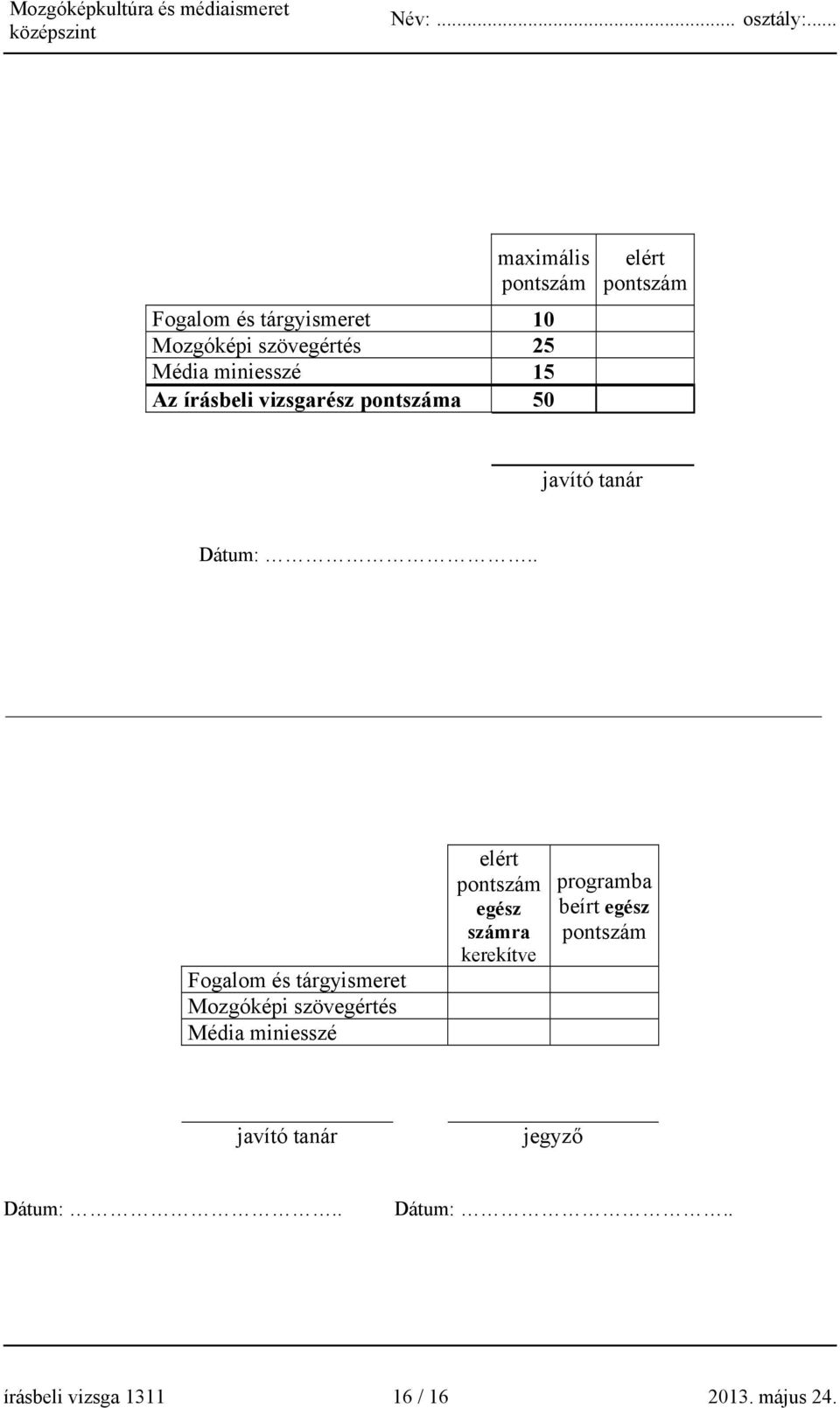 . Fogalom és tárgyismeret Mozgóképi szövegértés Média miniesszé elért pontszám egész számra