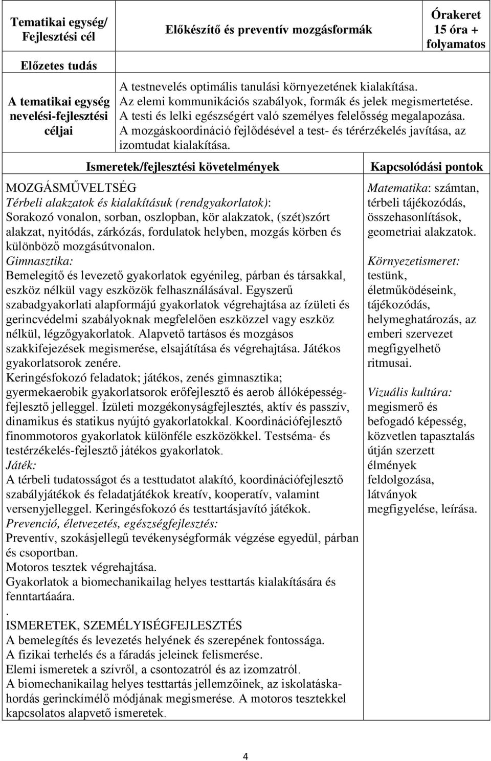 Ismeretek/fejlesztési követelmények Térbeli alakzatok és kialakításuk (rendgyakorlatok): Sorakozó vonalon, sorban, oszlopban, kör alakzatok, (szét)szórt alakzat, nyitódás, zárkózás, fordulatok