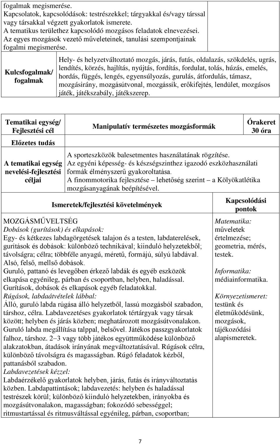 Kulcs/ Hely- és helyzetváltoztató mozgás, járás, futás, oldalazás, szökdelés, ugrás, lendítés, körzés, hajlítás, nyújtás, fordítás, fordulat, tolás, húzás, emelés, hordás, függés, lengés,