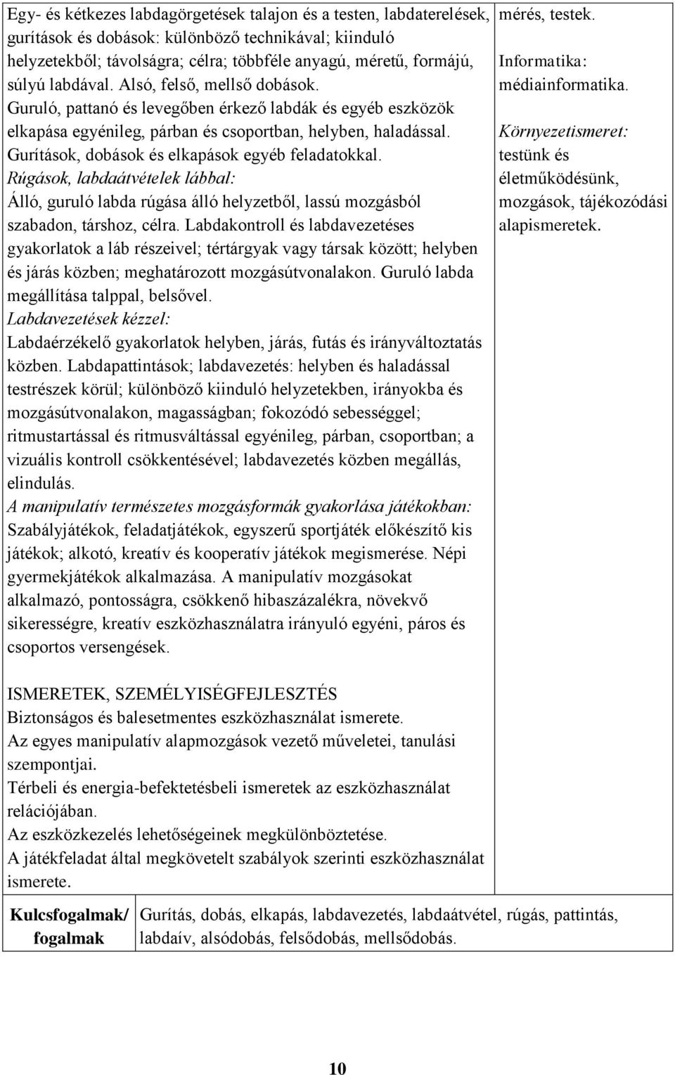 Gurítások, dobások és elkapások egyéb feladatokkal. Rúgások, labdaátvételek lábbal: Álló, guruló labda rúgása álló helyzetből, lassú mozgásból szabadon, társhoz, ra.