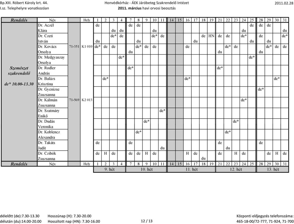 Rodler de* de* szakrendelő András Dr. Balázs de* de* de* de* 10.00-13.30 Krisztina Dr. Gyenizse de* Zsuzsanna Dr. Kálmán 71-569 K2 013 de* Zsuzsanna Dr. Szatmáry de* Enikő Dr.