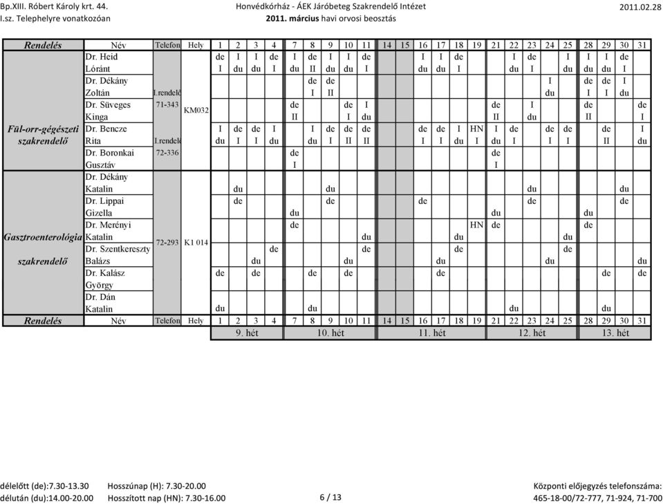 rendelő du I I du du I II II I I du I du I I I II du Dr. Boronkai 72-336 de de Gusztáv I I Dr. Dékány Katalin du du du du Dr. Lippai de de de de de Gizella du du du Dr.
