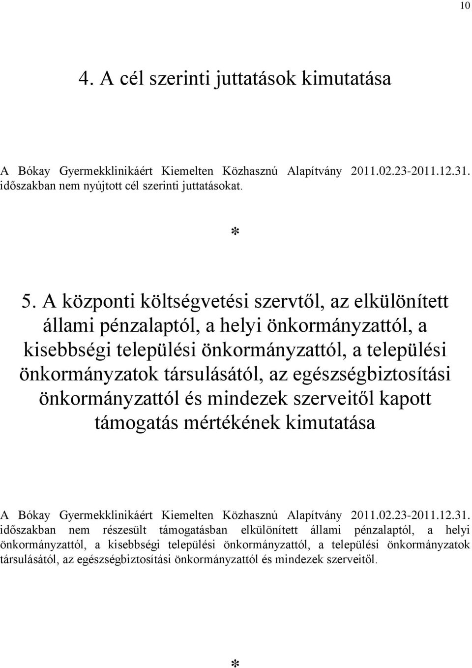 egészségbiztosítási önkormányzattól és mindezek szerveitől kapott támogatás mértékének kimutatása A Bókay Gyermekklinikáért Kiemelten Közhasznú Alapítvány 2011.02.23-2011.12.31.