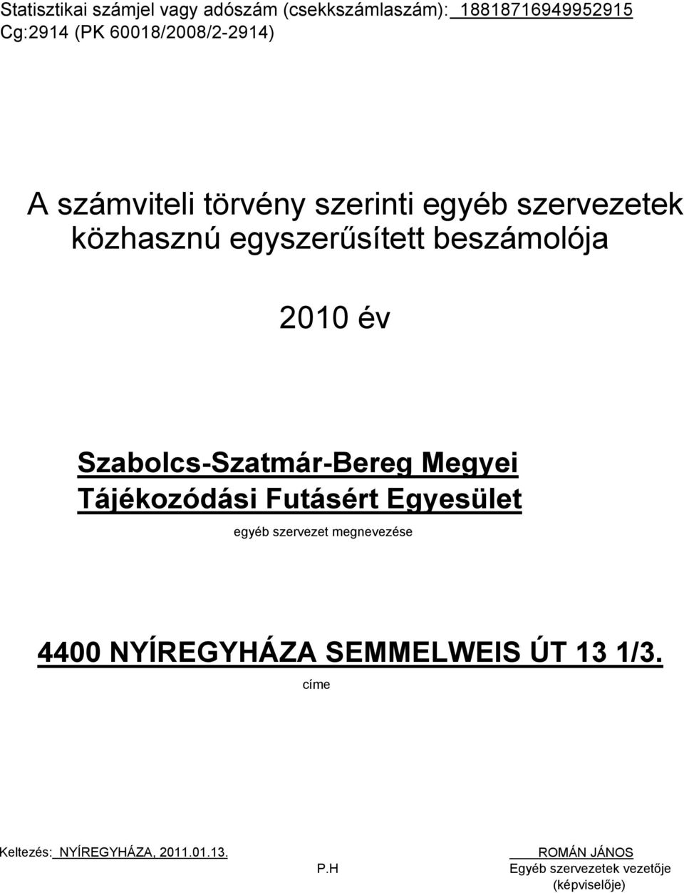 Szabolcs-Szatmár-Bereg Megyei Tájékozódási Futásért Egyesület egyéb szervezet megnevezése 4400