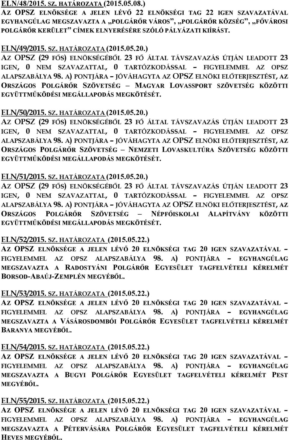 ELN/49/2015. SZ. HATÁROZATA (2015.05.20.) AZ OPSZ (29 FŐS) ELNÖKSÉGÉBŐL 23 FŐ ÁLTAL TÁVSZAVAZÁS ÚTJÁN LEADOTT 23 IGEN, 0 NEM SZAVAZATTAL, 0 TARTÓZKODÁSSAL FIGYELEMMEL AZ OPSZ ALAPSZABÁLYA 98.
