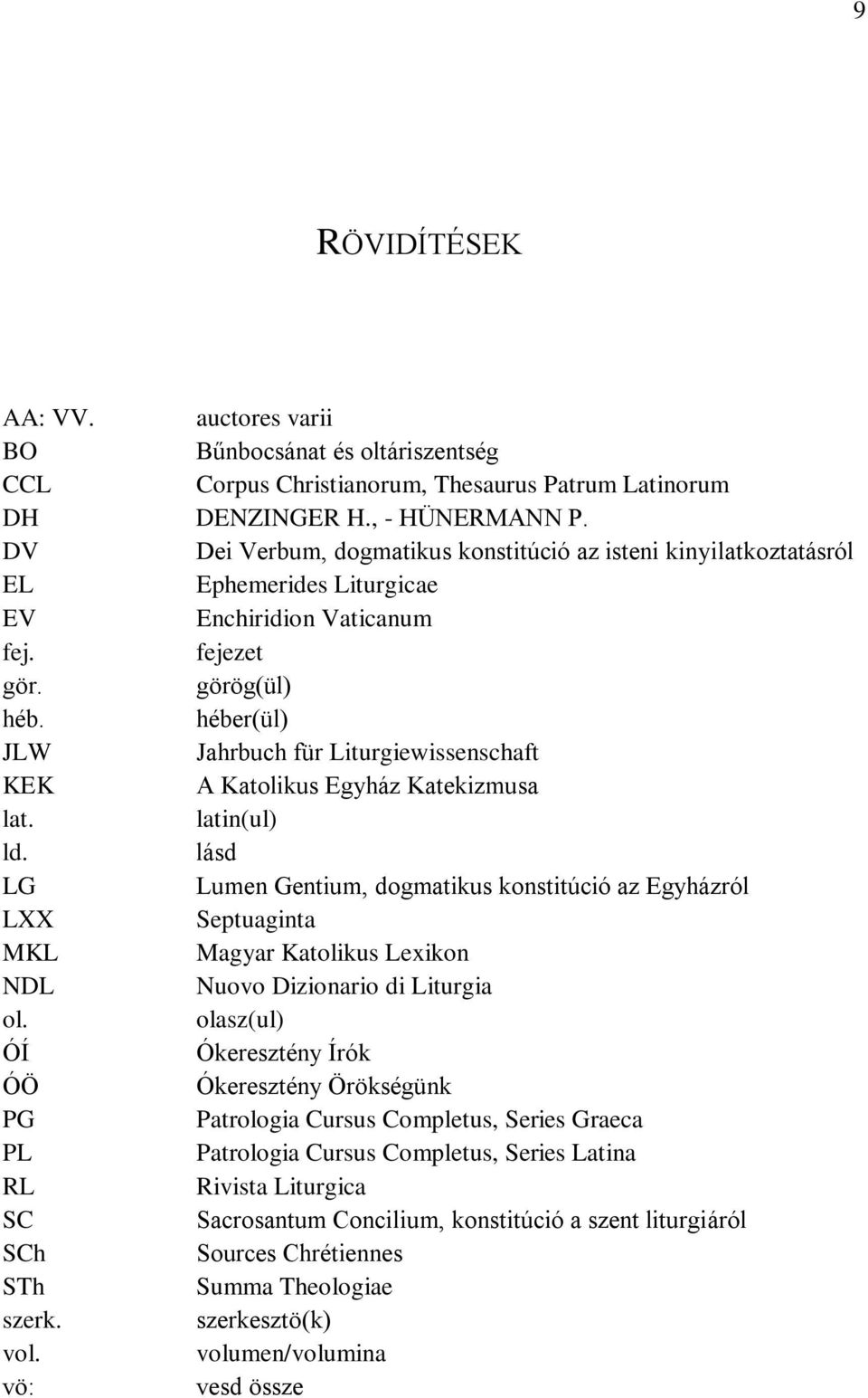 héber(ül) JLW Jahrbuch für Liturgiewissenschaft KEK A Katolikus Egyház Katekizmusa lat. latin(ul) ld.