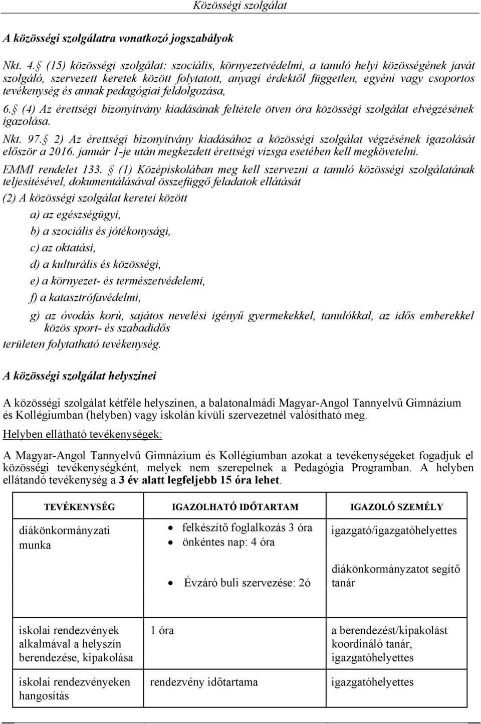 és annak pedagógiai feldolgozása, 6. (4) Az érettségi bizonyítvány kiadásának feltétele ötven óra közösségi szolgálat elvégzésének igazolása. Nkt. 97.